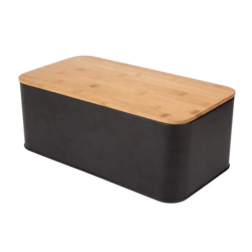 Caixa de madeira retângulo grande, cozinha preta tampa de bambu lixeira de armazenamento corte de placa metal caixa de pão