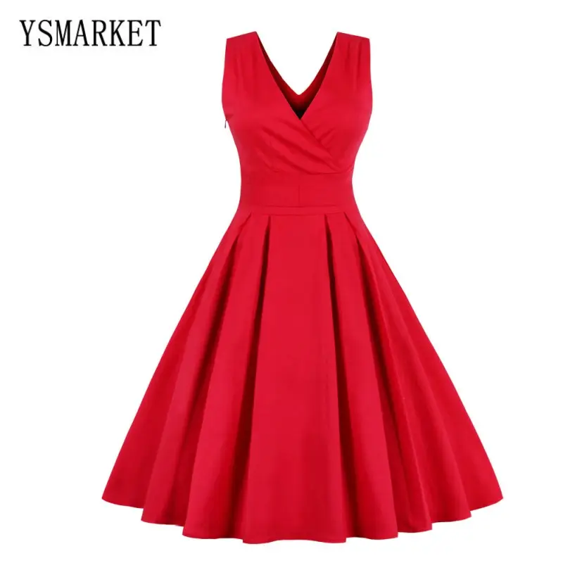 YSMARKET M-4XL ผู้หญิง Vintage สีแดงน้ำเงินฤดูใบไม้ร่วงฤดูร้อนแขนยาวเซ็กซี่ V คอ A-Line Mini Dress Elegant EJ008