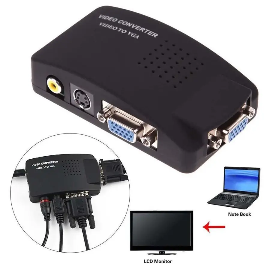 BNC RCA Composite AV S-Video to VGA Converter Box CCTV DVR PC Laptop to TV Projector VGA Input to VGA Output Video Converter