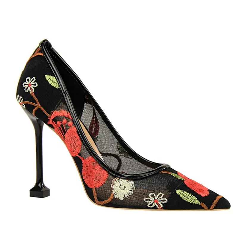 รองเท้าส้นสูงผู้หญิง,ใหม่แฟชั่นสไตล์ยูโร-อเมริกันย้อนยุคไนท์คลับผอมบางดอกไม้รองเท้าชุดลูกไม้ตาข่ายกลวง