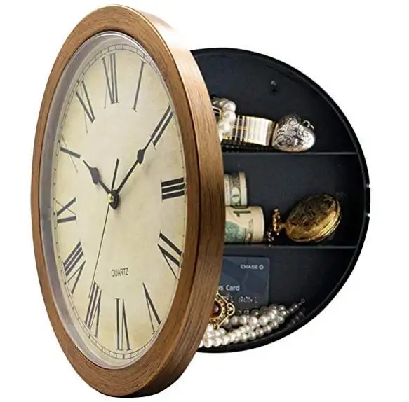 10 بوصة الرجعية تصميم صندوق الأمان ساعة حائط بلاستيكية مع خفية مربع وراء وجه الساعة Pendule