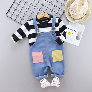 2019 bequeme stattliche bunte gestreifte große tasche denim hosen jungen kleidung sets kinder kinder kleidung