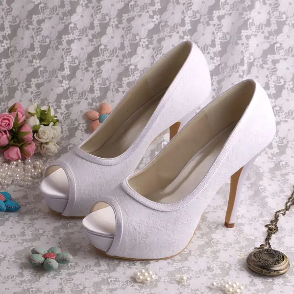 Zapatos personalizados de tacón alto de encaje blanco para mujer talla de boda 39