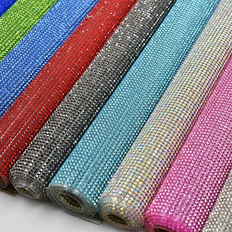 24*40cm Multicolor Hotfix Glass Rhinestone Trim Mesh Crystal Fabric Sheet Strass Ribbon Applique For DIY Dress Jewelry Crafts
