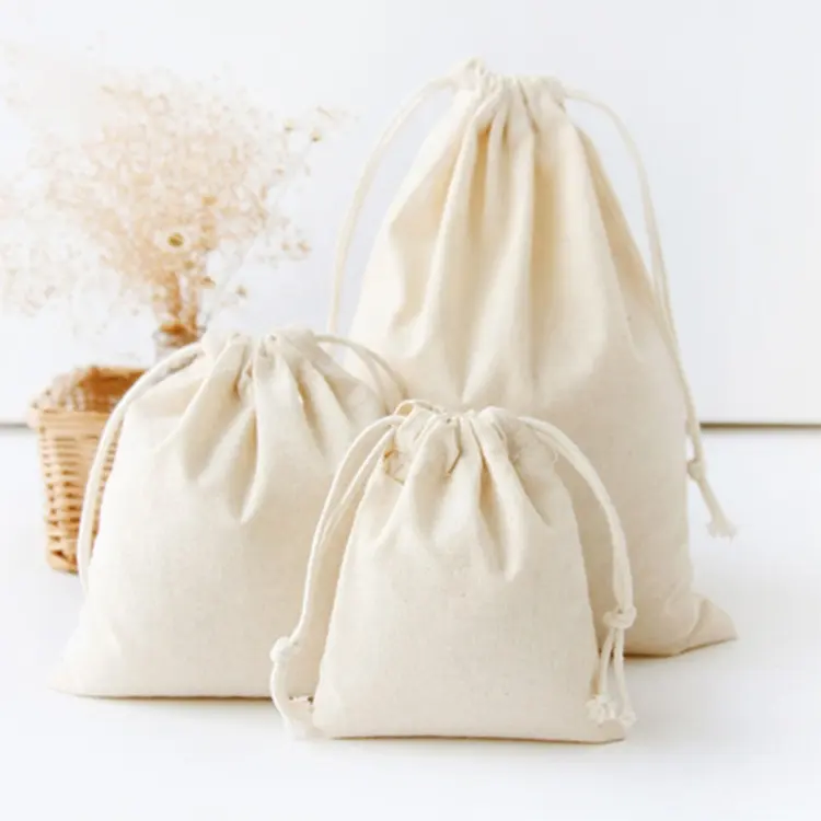Diy personalizado reciclável cor natural vazio algodão lona cordão, pequena cordão, sacos de presente para meninas