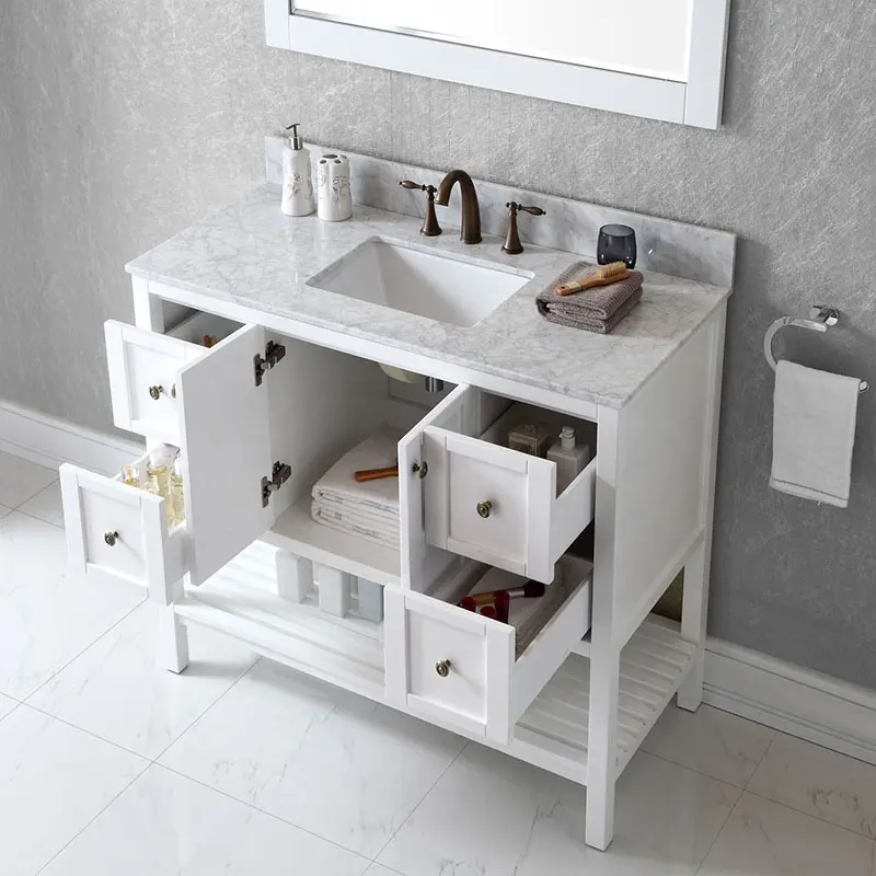 Armario de almacenamiento de toallas blanco moderno popular, mueble de baño de madera con diseño de cajón