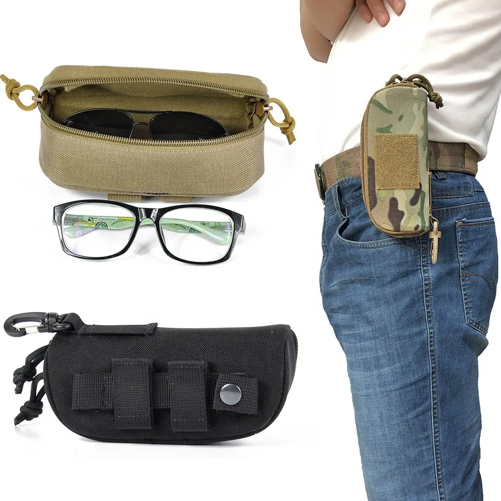 Tactical Molle Zipper Eyeglasses Case 1000D Nylon Anti-Shock Hard Clamshell Eyewear Carry sunglasses pouch bag with POM Clip