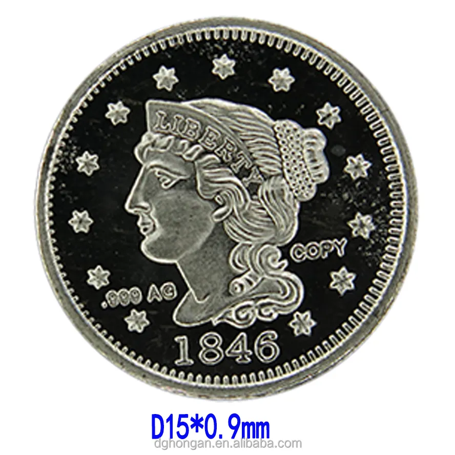 Moeda 999 de prata fina 1 grama, moeda redonda 1846 graus d15 * 0.9mm a52