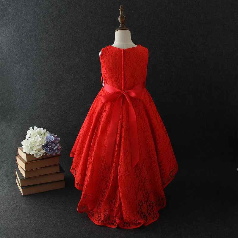 Vestidos de Fiesta bonitos de encaje rojo con parte trasera larga delantera corta para niños a la moda para niñas
