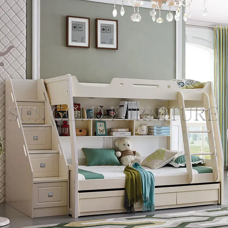 Cama de coelho de madeira branca moderna, popular, crianças, cama de coelho com armazenamento/escada