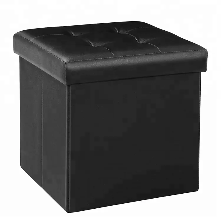 Button design black leather folding storage puff ottoman