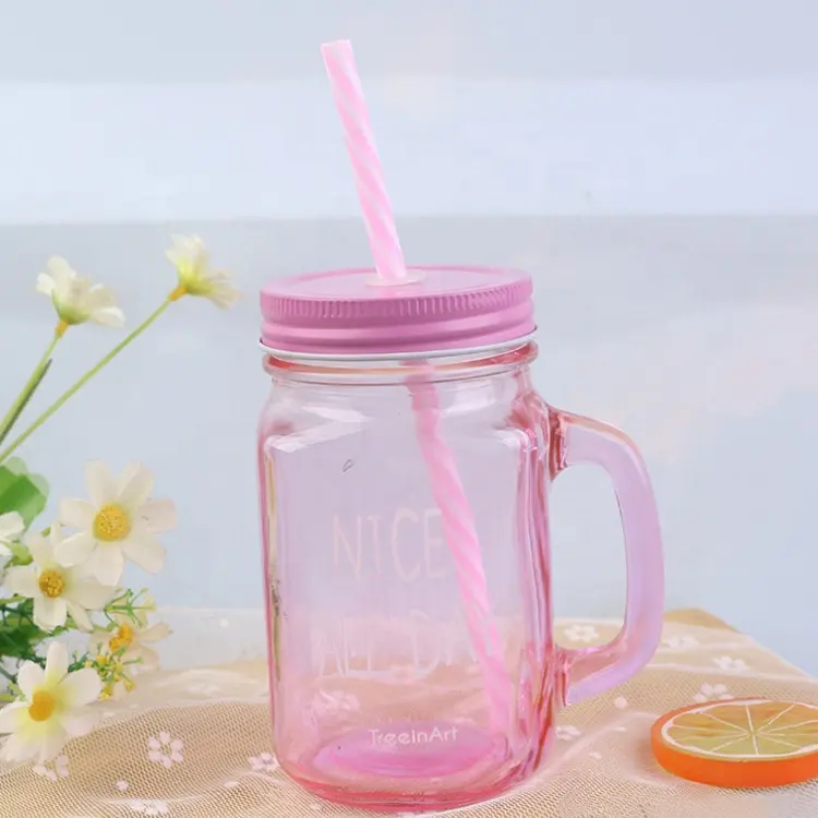 레트로 디자인 메이슨 포장 병 450ml 16oz 빈 핑크 유리 마시는 항아리 뚜껑 BPA 무료 플라스틱 빨대 칵테일