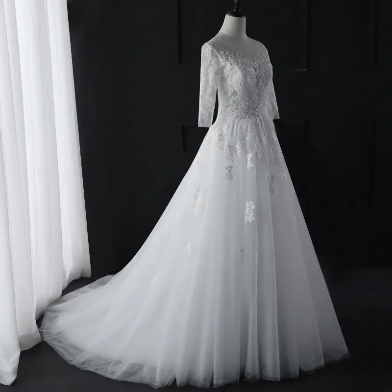 Yiwu vestido de dama de honra, vestimenta de noiva luxuosa cor branca em poliéster com renda, manga curta, vestido de dama de honra da china