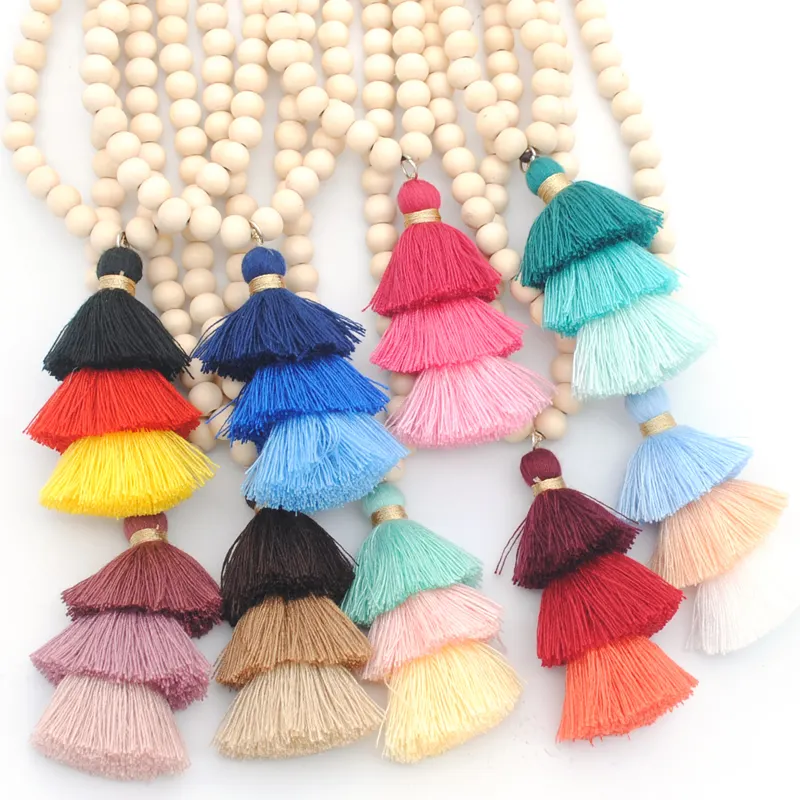 Colar de contas de madeira branca marfim, 8-10mm, frisado, boho 108 mala