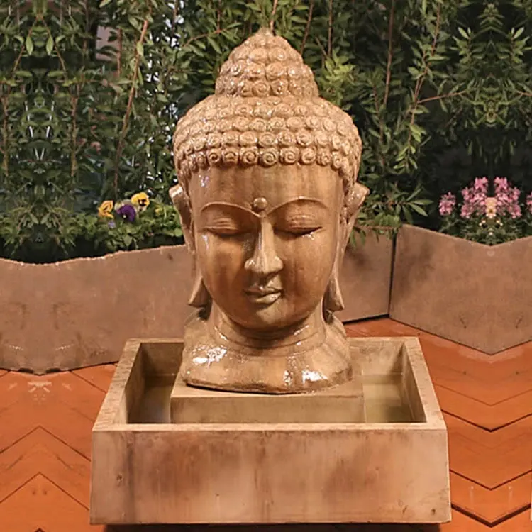 Naturel Sculpté À La Main En Pierre Beige Marbre Statue Tête de Bouddha Fontaine D'eau