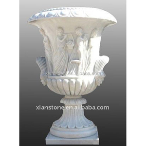 Carved <strong>Stone</strong> <strong>White</strong> Flower <strong>Pot</strong> with Figure Outdoor Garden Decorative Item - Product Image 2