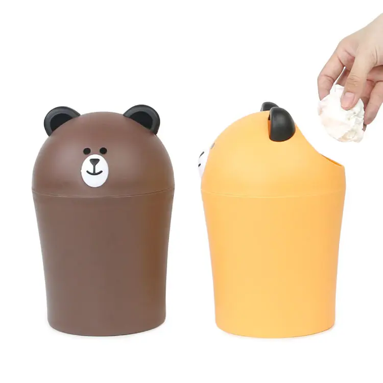 cartoon lovely bear table plastic trash can with lid desktop waste storage bucket