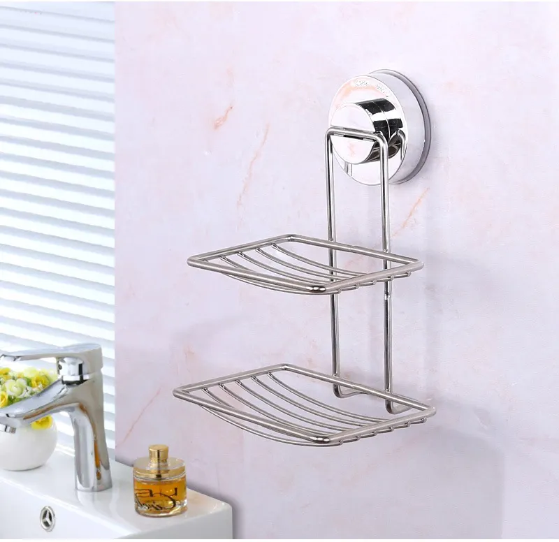 Bathroom No Drilling Strong Suction Cup Soap Dish Basket 2 Tier Kitchen Rack
