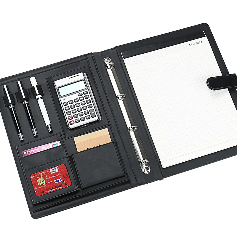 A4 leather hard cover executive file folder expanding clipboard folder file with calculator custom logo