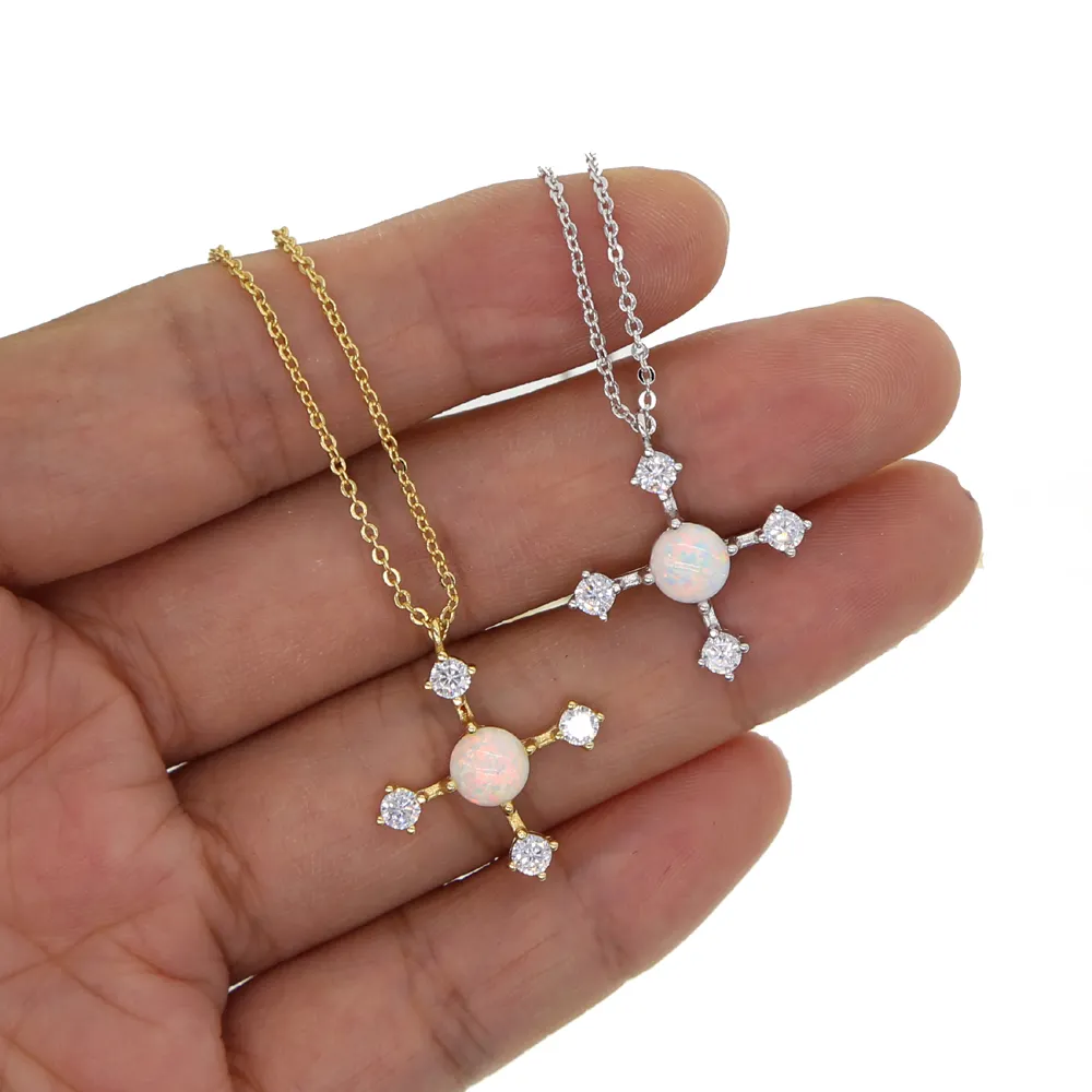 Nova moda bela cruz opala colar de pingente com CZ pavimentada pequena ligação cadeia cruz charme casamento mulheres jóias
