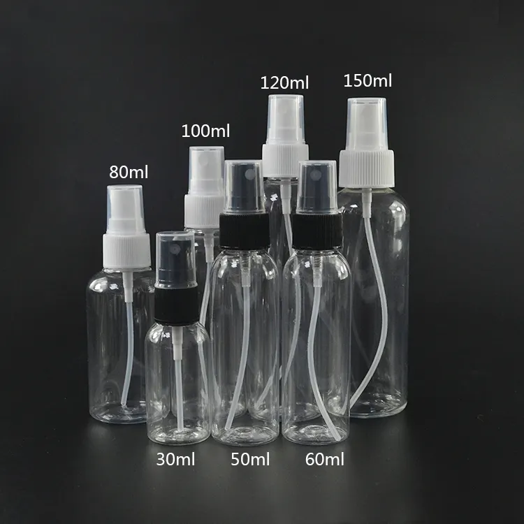 Kostenlose probe 30ml 50ml 60ml 100ml 120ml 150ml klar PET spray flasche kunststoff parfüm flasche mit nebel spray kappe