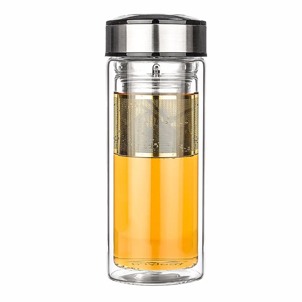 16OZ Double Walled Travel Borosilicate Glass Tea Tumbler with Removable Stainless Steel Infuser Basket