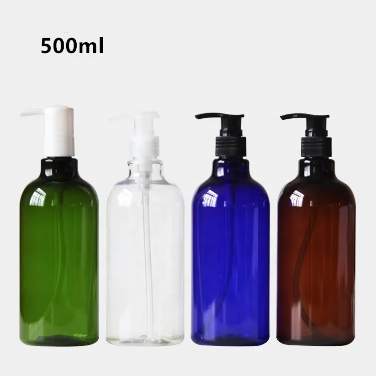 Botol Sampo Plastik PET Bening, 250Ml 500Ml 1000Ml Amber Biru Hijau Boston Botol dengan Pompa Hitam Bening Sampo Dispenser Cair