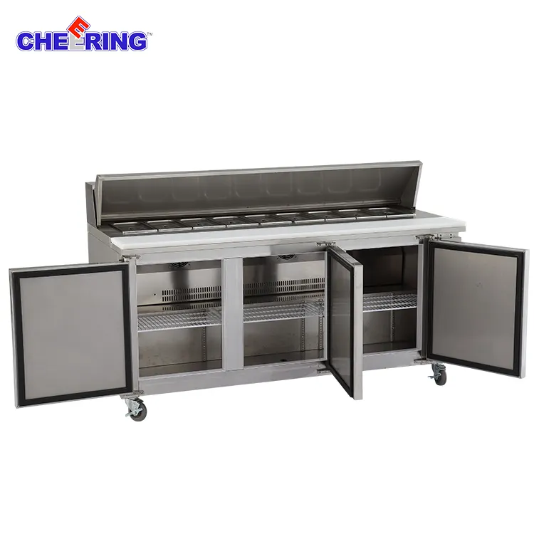 Hot sale Kitchen Equipment 3 Door Stainless Steel Refrigerator Prep Table fridge pizza counter chiller