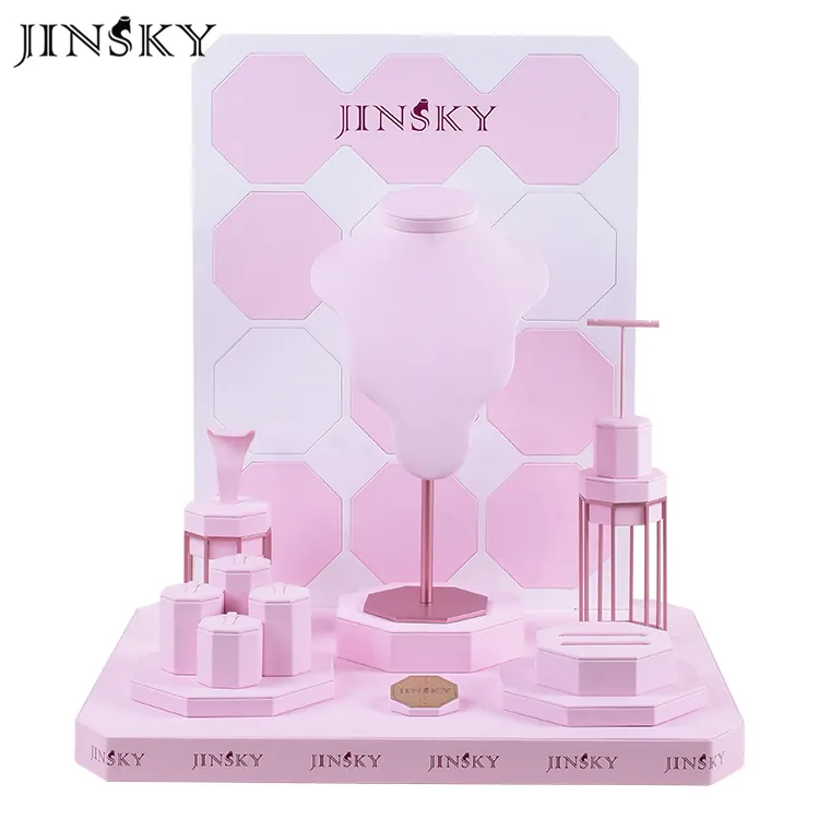 JINSKY-expositor de joyas de cuero sintético, color rosa, proveedores de soportes de exhibición de anillos para pendientes