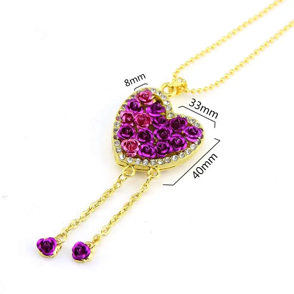 Rose En Forme De Coeur USB 32 GO 2.0 Lecteur Flash Diamant Collier Pendentif Clé USB Clé USB Clé USB Bijoux Cadeau Violet