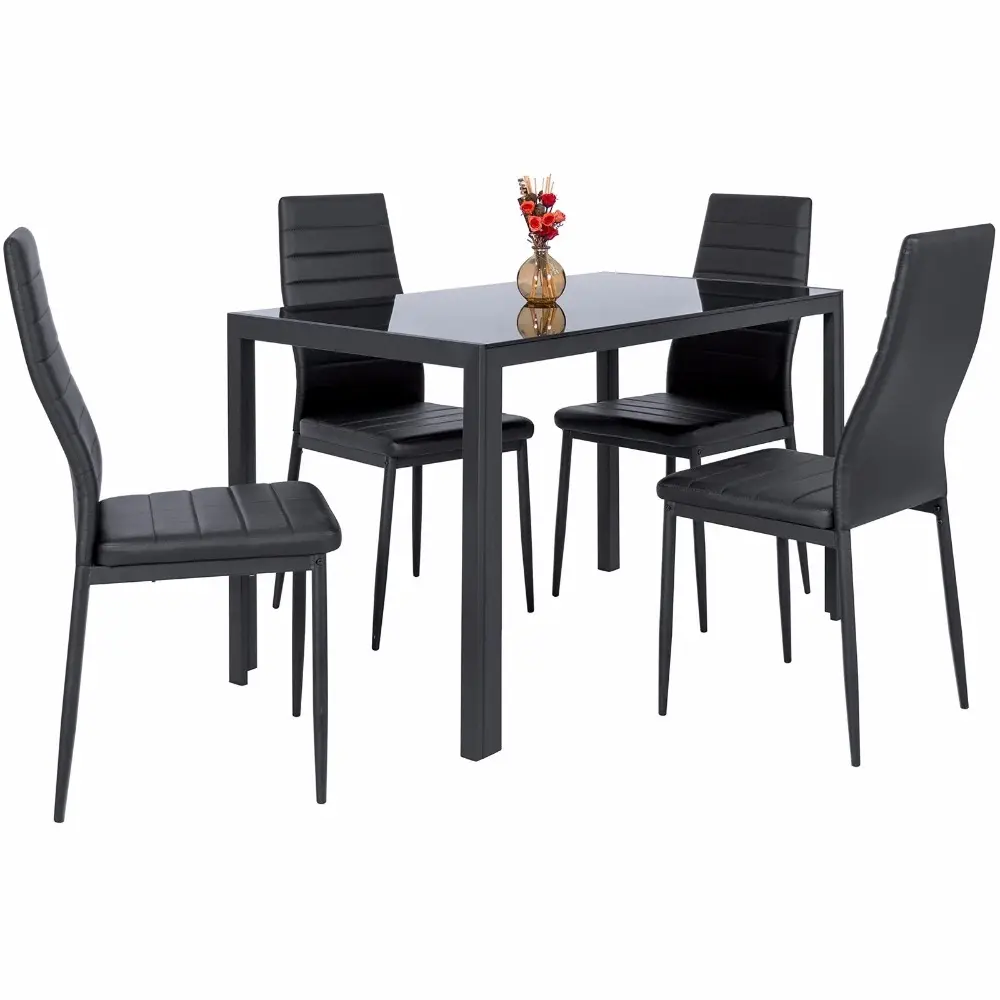 Kitchen Dining 5 Piece Table Glass Top Set w/ 4 Leather Chairs Home Furniture