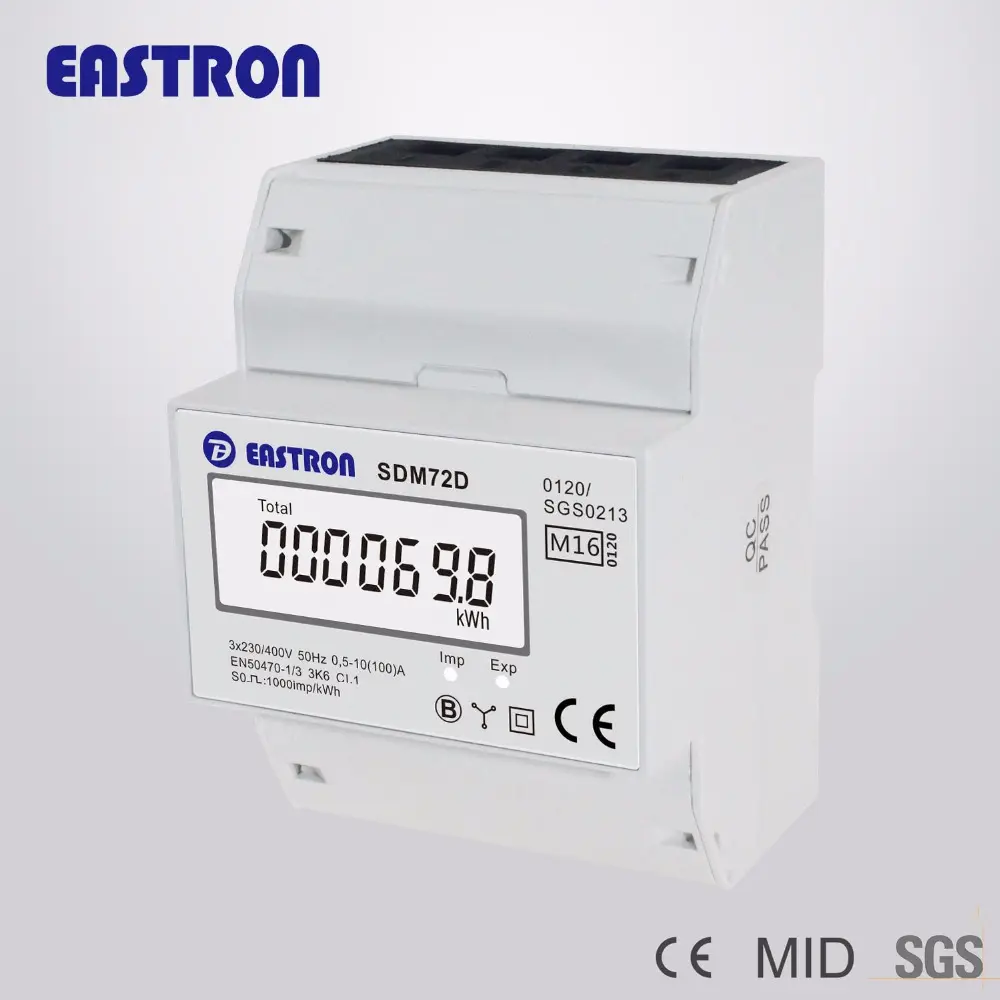 EASTRON SDM72D 3相4線式kWhメーター、DINレールキロワットアワーメーター、10〜100A、MID承認済み