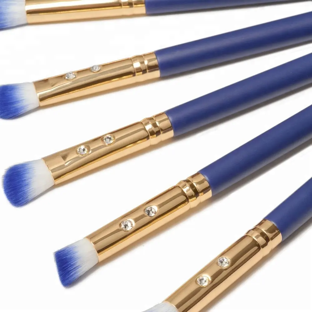 Ensembles de pinceaux de maquillage, avec poignée bleu et blanc bleu, avec anneaux gravés sur le vibron