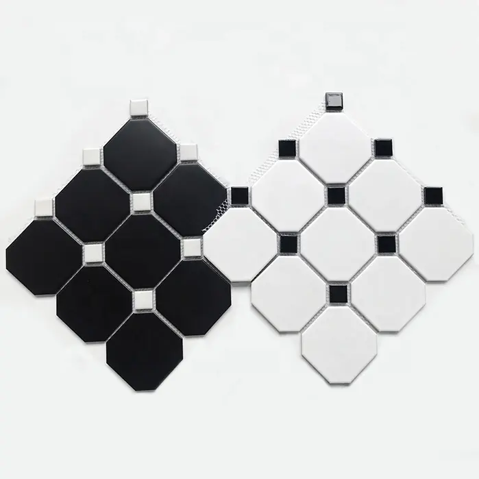 Blanco y negro de Octágono de mosaico de cerámica de baño cocina backsplash la pared y el piso de baldosas de porcelana