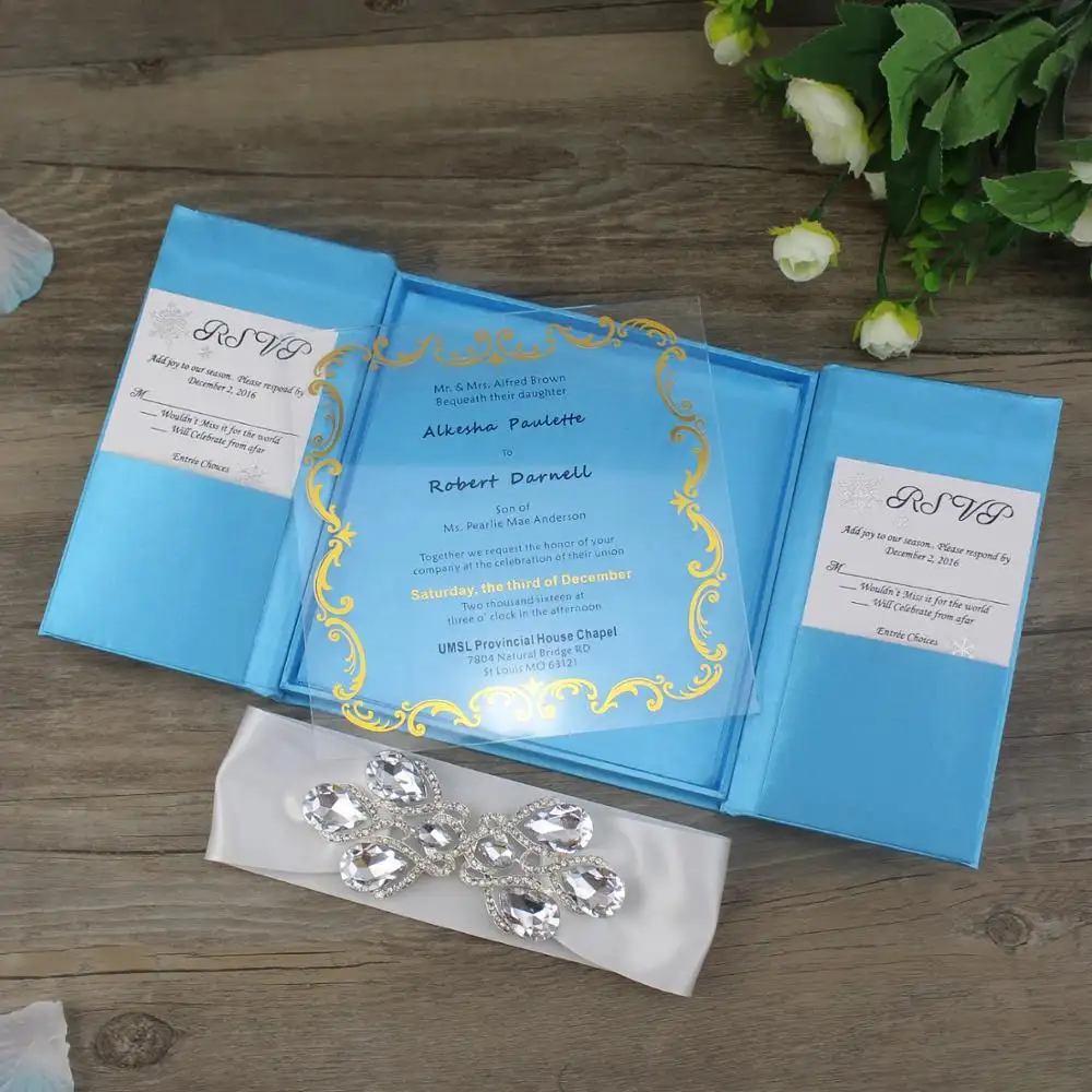 Splendida copertina rigida inviti di nozze con acrilico e carta di invito a nozze con nastro di seta decorazione scatola biglietti di compleanno