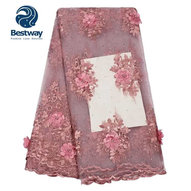 Bestway usine pas cher prix africain broderie dentelle tissu avec 3d fleurs et perles