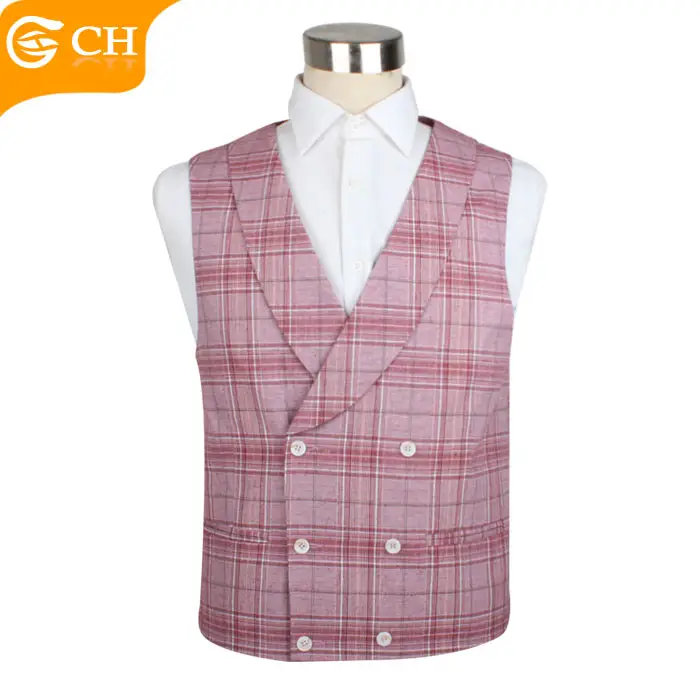 Custom Red Plaid Design Double-breasted Polyester Cotton Linen Waistcoat Vest For Men