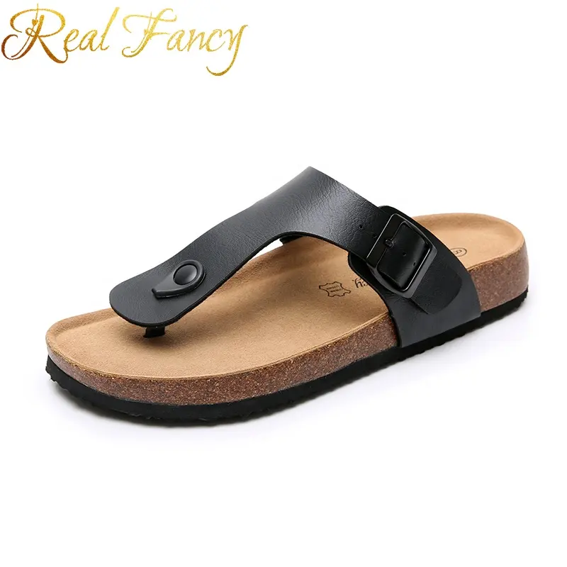 Sandalia de cuero genuino con suela de corcho para hombre, chanclas, color negro, diseño novedoso