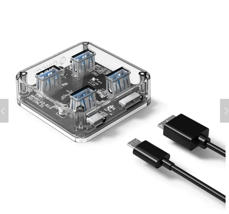 HUB USB 3.0 a 4 porte trasparente ORICO per Desktop / Laptop con supporto per cavo dati da 30 / 100 CM alimentatore Micro USB esterno