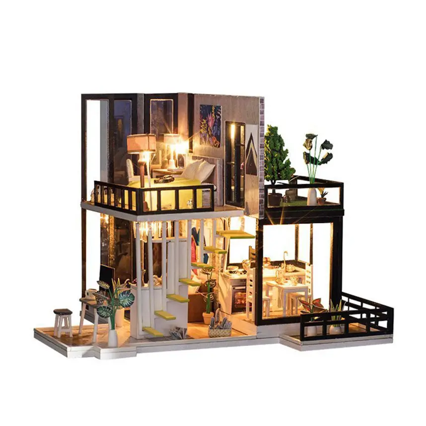 Casa delle bambole in legno fatta a mano in miniatura Kit fai da te case delle bambole in legno e mobili/parti (casa delle bambole in scala 1:24)