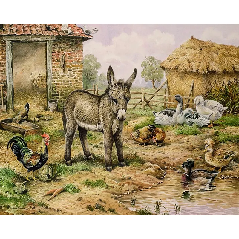 Taladro completo bordado de diamantes burros y pollos y patos en la granja 5d pintura de diamantes comedor Arte de la pared Decoración