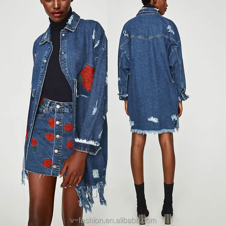 En gros à manches longues en denim déchiré veste 2020 jeans veste femmes brodé fleur veste