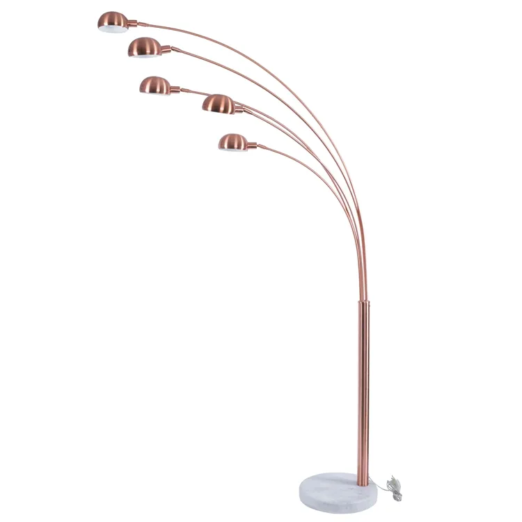 Lampade da terra curve in rame a 5 teste giganti con base in marmo decorativo per soggiorno