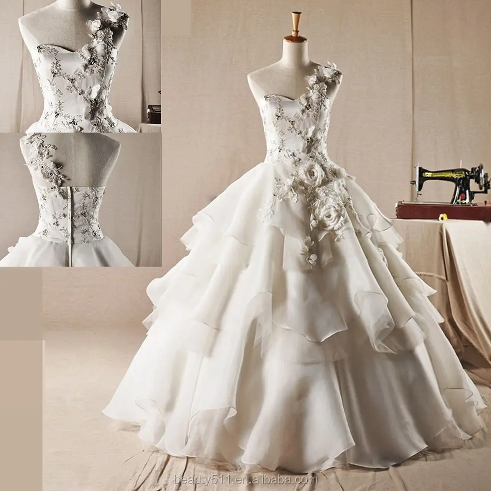 Vestido de noiva elegante, foto real, bordado em trapézio, sem alças, comprimento até o chão, de organza, princesa, wd1583