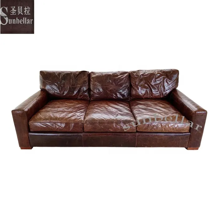 Mobiliário de luxo, antiguidade, couro genuíno, sofá de madeira confortável, estilo americano, vintage, sofá de couro destruído