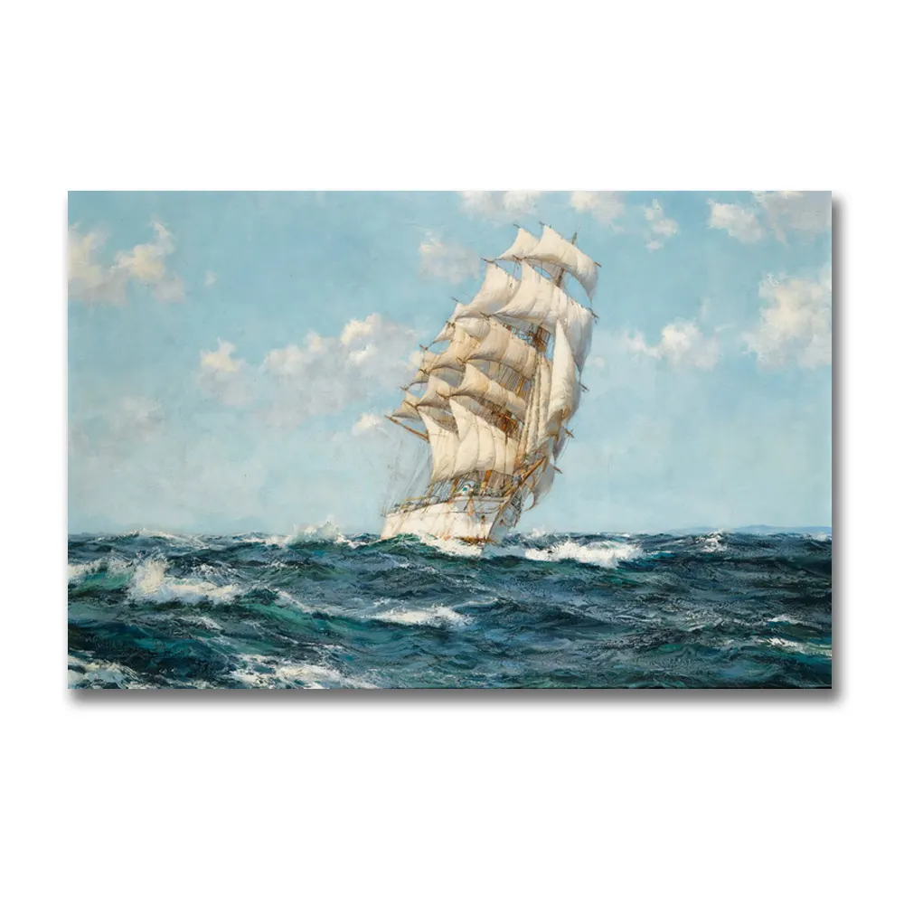 Barco de vela hecho a mano, barco de vela en el mar azul oscuro contra viento fuerte y ola, pintura de paisaje marino, cielo azul y nubes blancas