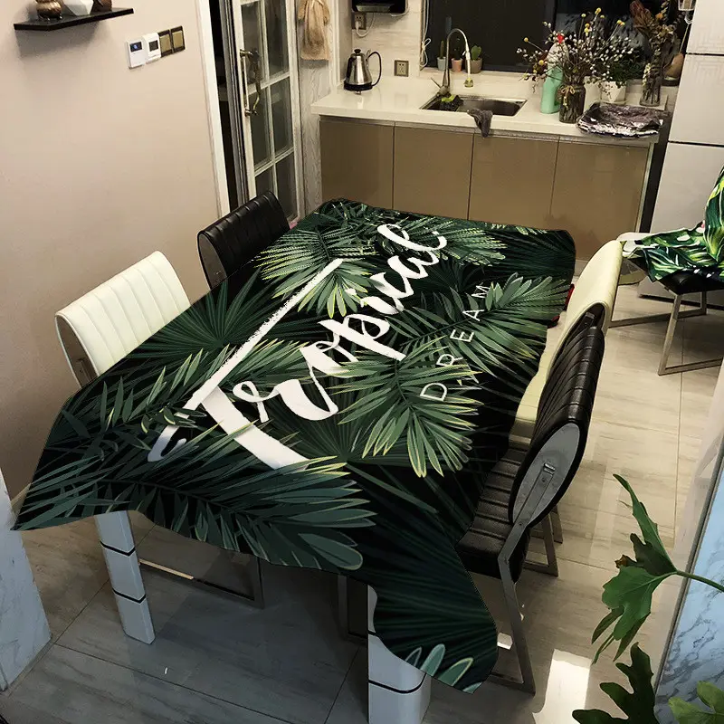 G&D Green Plant Text Digital Printing Polyester Waterproof Tablecloth
