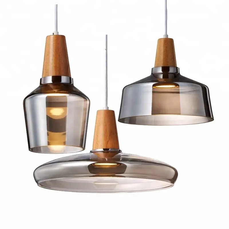 Lampadario in vetro da cucina con illuminazione a sospensione a soffitto con paralume in vetro ambrato con apparecchio in legno