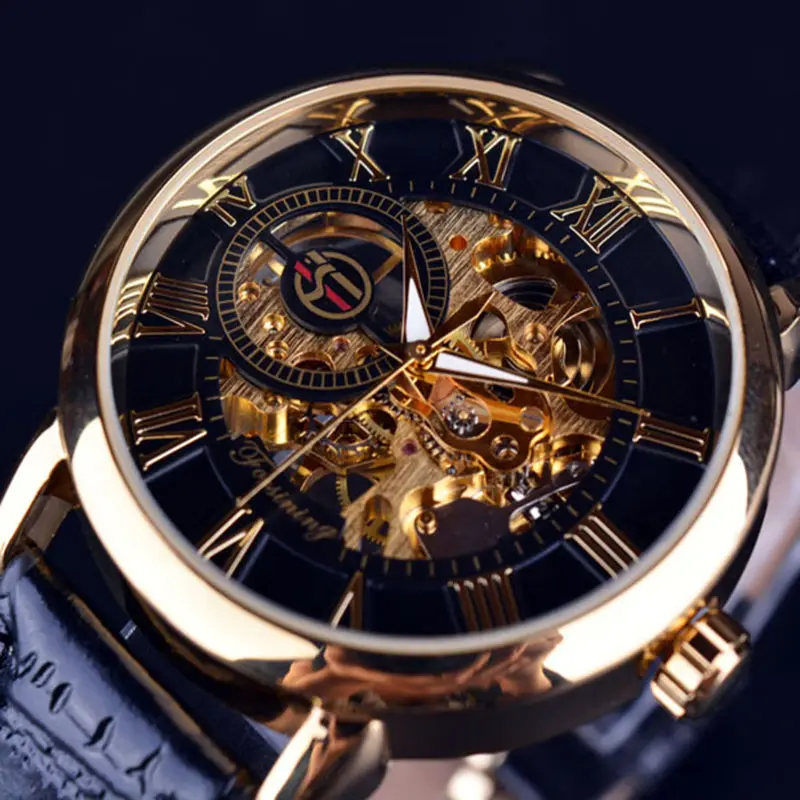 Forsining-Relojes de pulsera para hombre, reloj masculino de pulsera, con esfera de esqueleto, mecanismo mecánico de mano preciso, correa de cuero de lujo, barato