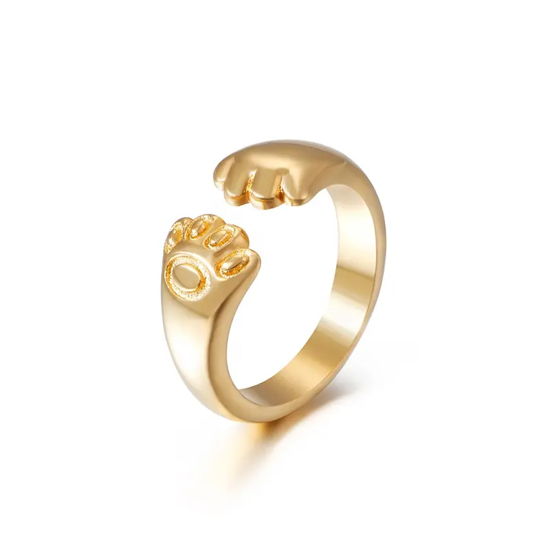 New Jewellery Low Price Stainless Steel 4Mm Gold Open Ring Cute Bear Paw Ring For Girls
